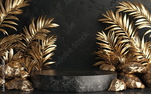 3D illustration of a black background with golden palm leaves and a stone podium photo