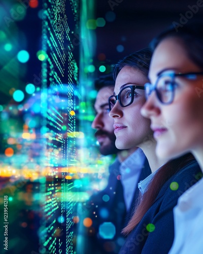 Focused Professionals Analyzing Data on a Digital Screen in a Modern Office