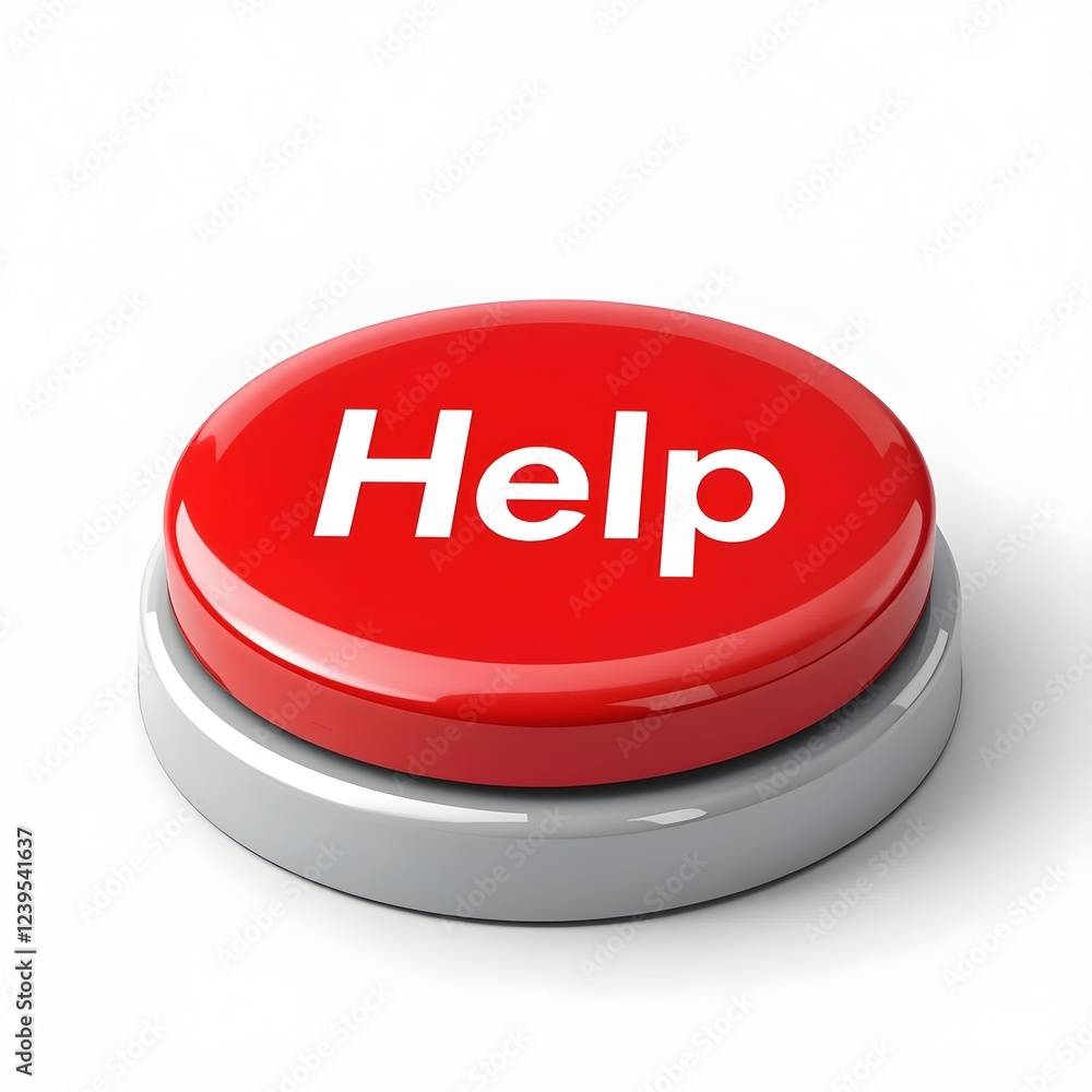 Glossy, round, red button with white lettering that says Glossy, round, red button with white lettering that says