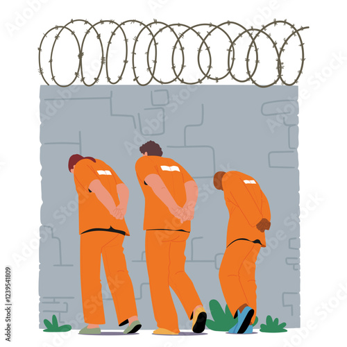 Prisoners cartoon characters wearing orange uniform and handcuffs on walk vector illustration