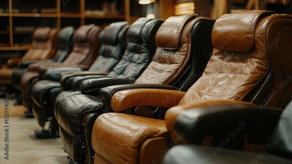 Obraz premium Luxury leather recliners lined up in a high-end furniture showroom.