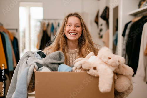 A cheerful young woman holding a box filled with donated clothes and a plush teddy bear photo