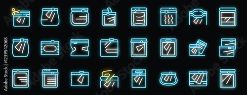 Glowing neon blue and yellow icons depict various types of vacuum sealed bags and containers, highlighting food storage and preservation techniques