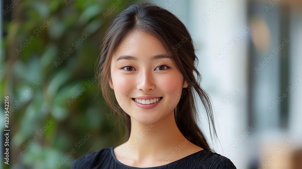 close up young Asian woman with gentle smile with bokeh light, relaxe and optimisitc atmosphere at modern office close up young Asian woman with gentle smile with bokeh light, relaxe and optimisitc atmosphere at modern office