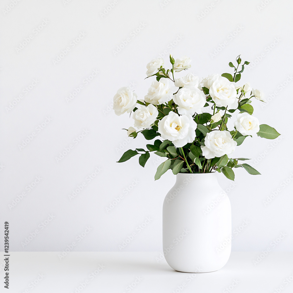 Fototapeta premium White ceramic vase with fresh white roses in a minimalist floral arrangement on a white background