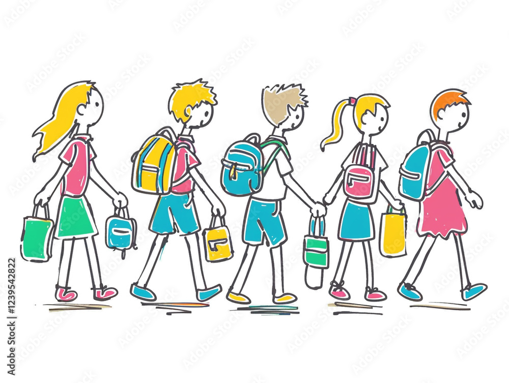 Hand drawn kids going to school, stick figure illustration isolated on a white background Hand drawn kids going to school, stick figure illustration isolated on a white background