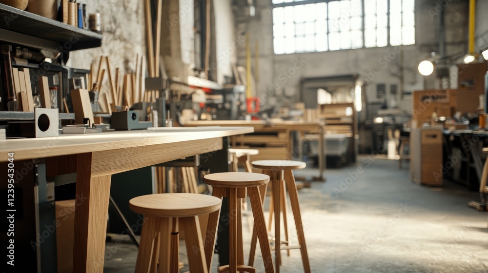 Naklejka premium Quality control station in a furniture factory with multiple furniture pieces under inspection.