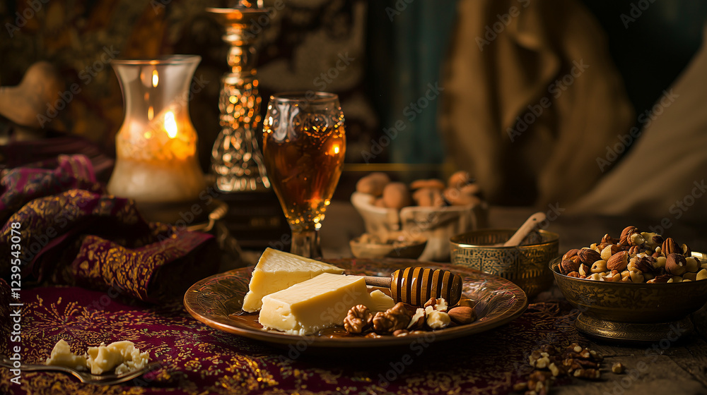 Fototapeta premium A rustic still life featuring a wedge of cheese, honey, walnuts, and a glass of amber wine. Candles and rich fabrics enhance the warm, inviting mood.
