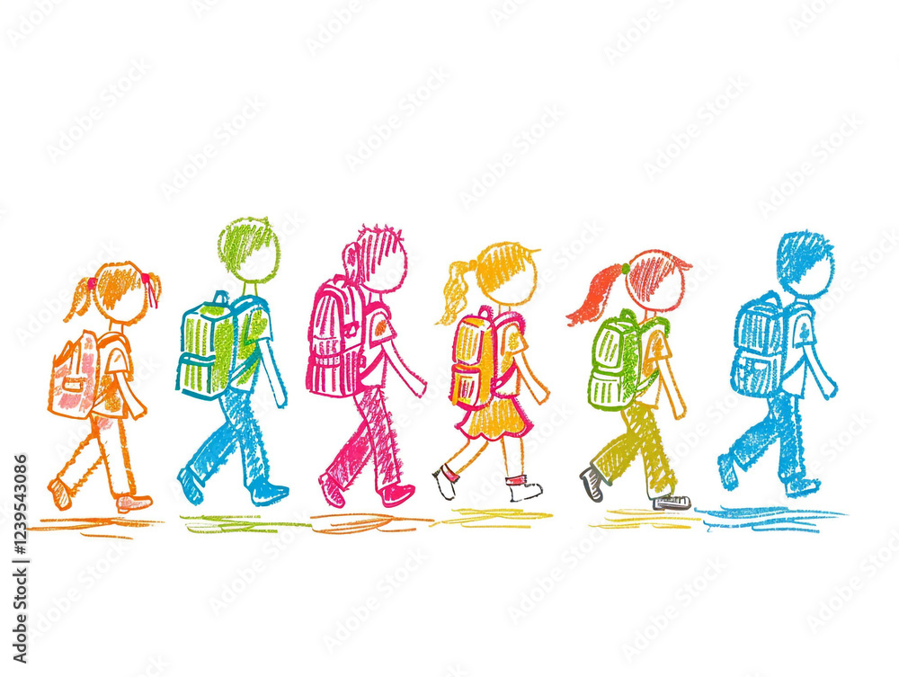 Fototapeta premium Hand drawn kids going to school, stick figure illustration isolated on a white background