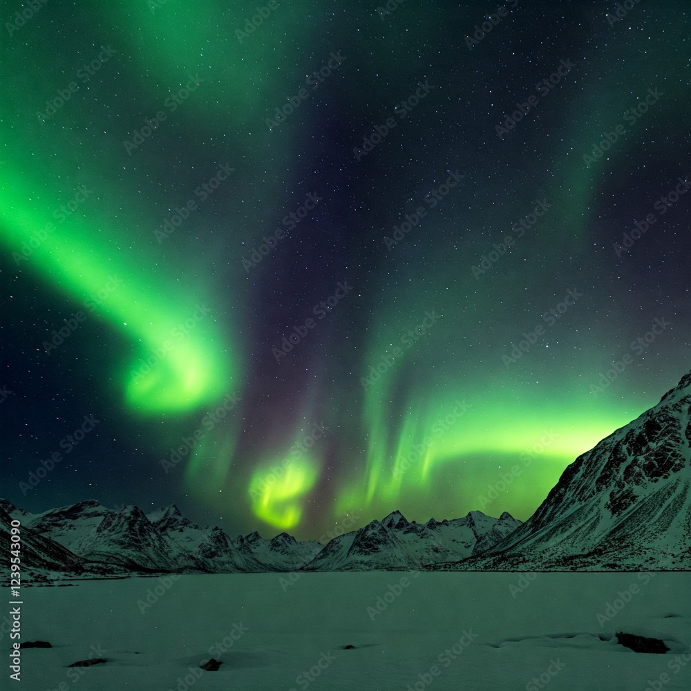 Naklejka premium Northern Lights over lake. Aurora borealis with starry in the night sky. Fantastic Winter Epic Magical Landscape of snowy Mountains. 