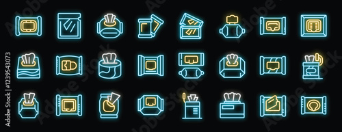 Neon style icons of wet wipe packages, emphasizing hygiene and cleanliness