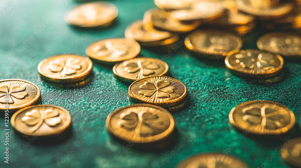 Golden Coins with Shamrock Design Celebrating Saint Patrick's Day. Concept of Irish Luck, Traditional Festivals, Prosperity Symbols on a Textured Green Background Golden Coins with Shamrock Design Celebrating Saint Patrick's Day. Concept of Irish Luck, Traditional Festivals, Prosperity Symbols on a Textured Green Background