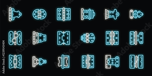 Neon icons of various door hinges glowing brightly against a black background, offering a modern and vibrant representation of these essential hardware components