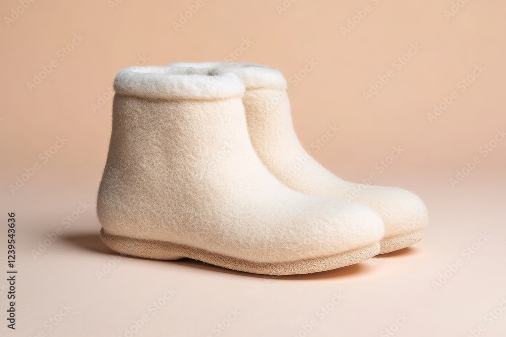 Cozy beige fleece winter boots on neutral background Cozy beige fleece winter boots on neutral background