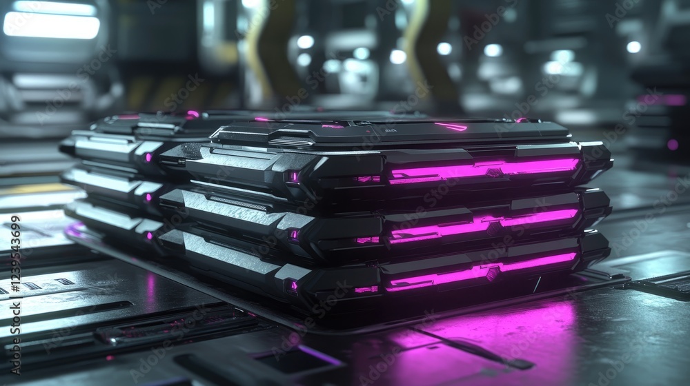 Stack of sleek gaming laptops with RGB lighting on a futuristic table. Stack of sleek gaming laptops with RGB lighting on a futuristic table.