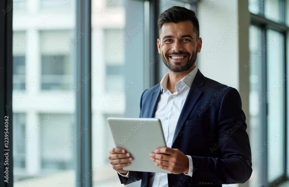 Happy young Latin businessman uses digital tablet in office. Pro man looks at camera confidently. Modern employee stands by window. Modern office space. Tech-savvy entrepreneur works inside. Happy young Latin businessman uses digital tablet in office. Pro man looks at camera confidently. Modern employee stands by window. Modern office space. Tech-savvy entrepreneur works inside.