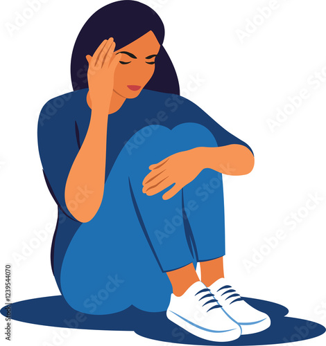 Unhappy girl in despair, psychological problems. Depression woman sit on the floor and hugging her knees on transparent background. Anxiety disorder. photo