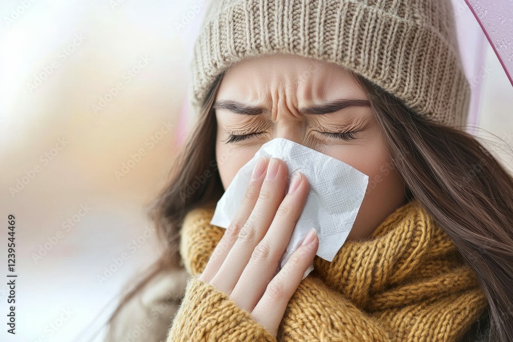 Young caucasian female sneezing in winter outfit with knit hat and scarf Young caucasian female sneezing in winter outfit with knit hat and scarf