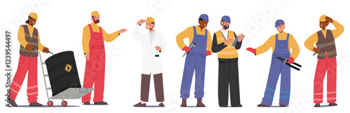 Industrial worker cartoon characters of different fields at refinery plant and oil industry