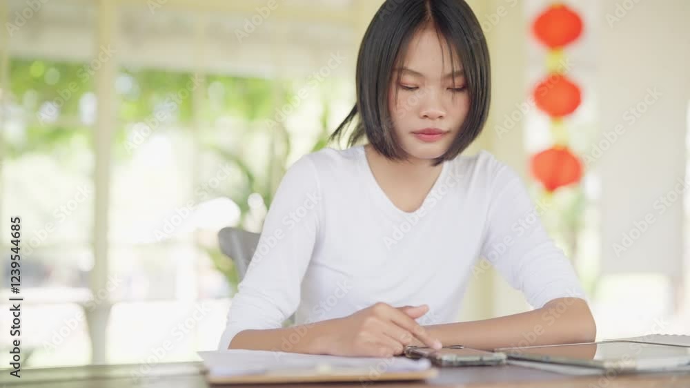 A woman is sitting at a desk with a clipboard and a laptop. She is focused on her work and she is in a serious mood A woman is sitting at a desk with a clipboard and a laptop. She is focused on her work and she is in a serious mood