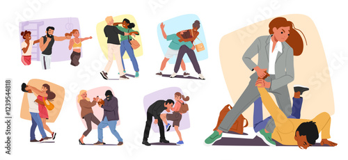Women cartoon characters learning self-defense techniques fighting robbers and street thug scene set