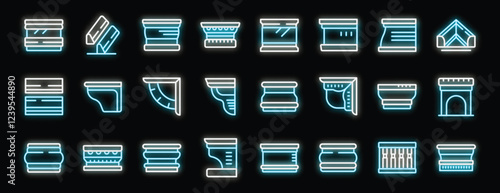 Glowing neon icons showcase various construction materials and architectural elements, including cornices, moldings, and decorative trims, illuminating design and building concepts