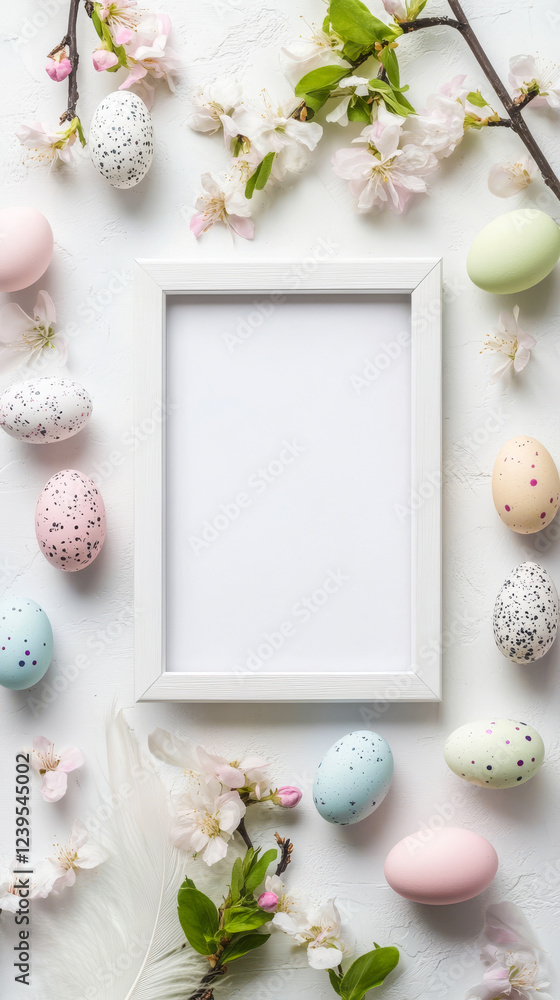 Fototapeta premium Festive Easter Arrangement with Colorful Eggs and Blossoms Surrounding a Blank Frame. Concept of Spring Decor, Holiday Celebration, Fresh Beginnings. Copy Space. Vertical