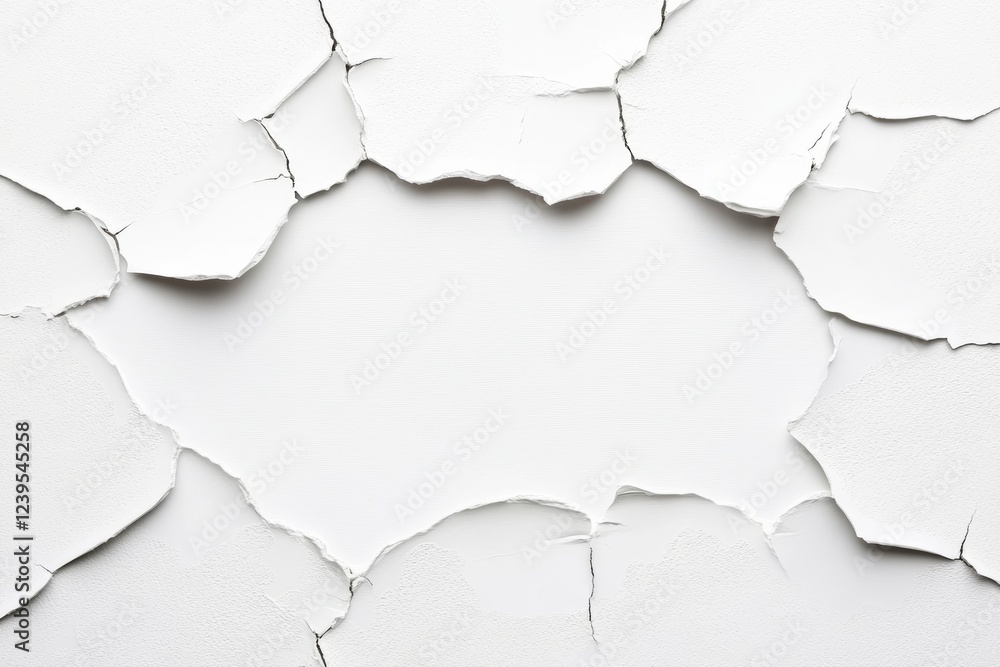 Obraz premium Cracked white plaster wall with irregular pattern and central hole