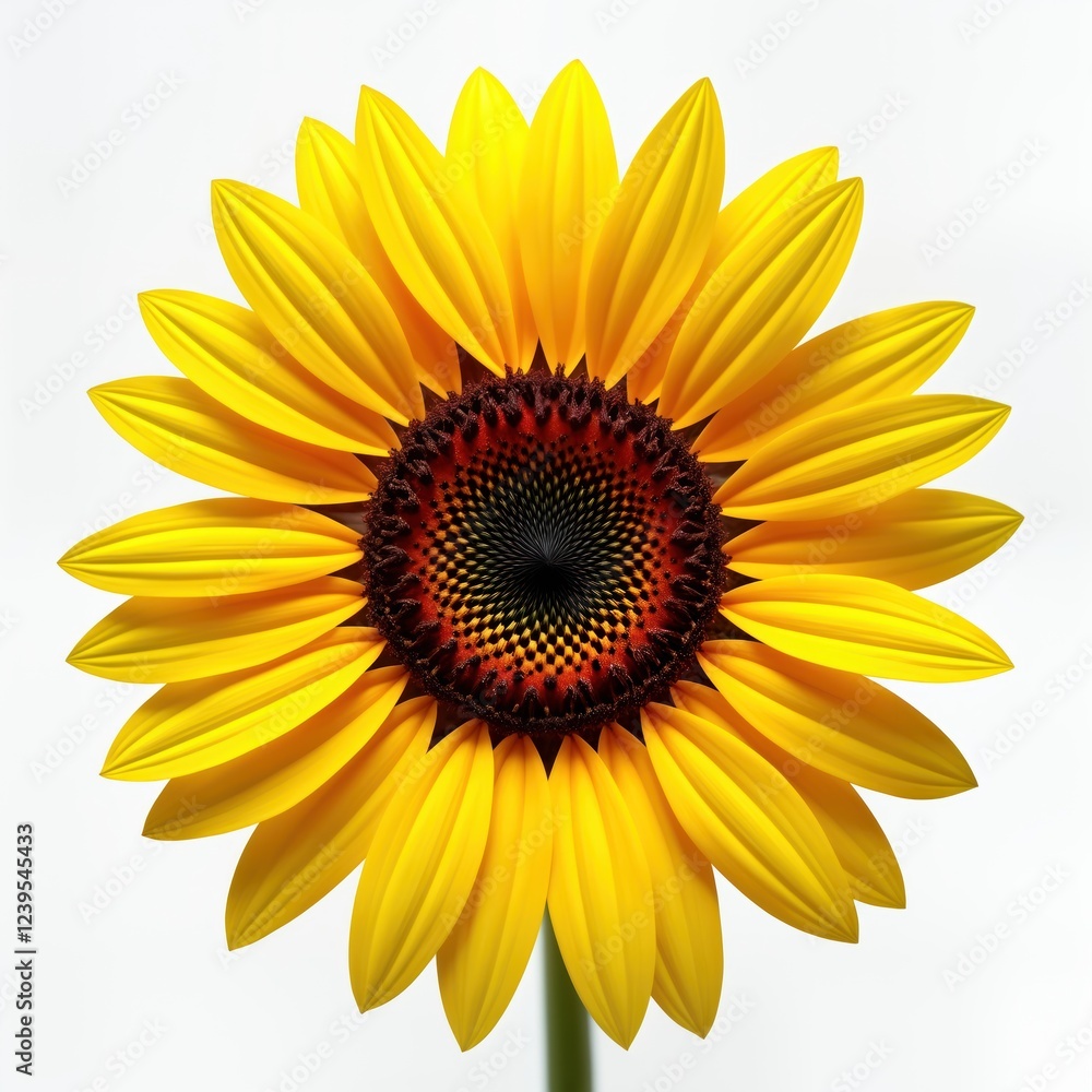 Fototapeta premium Bright yellow sunflower with dark brown center petals on white background. Summer flower isolated. Beautiful floral design. Natural light. Perfect for summer, floral, garden themes. High quality