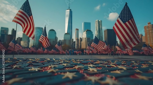 American Flags at Ground Zero, NYC Skyline in Background