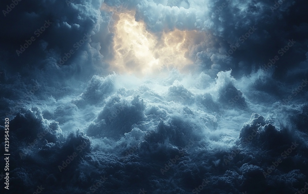 Obraz premium Stormy sky, light breaking through clouds, dramatic atmosphere, background for film