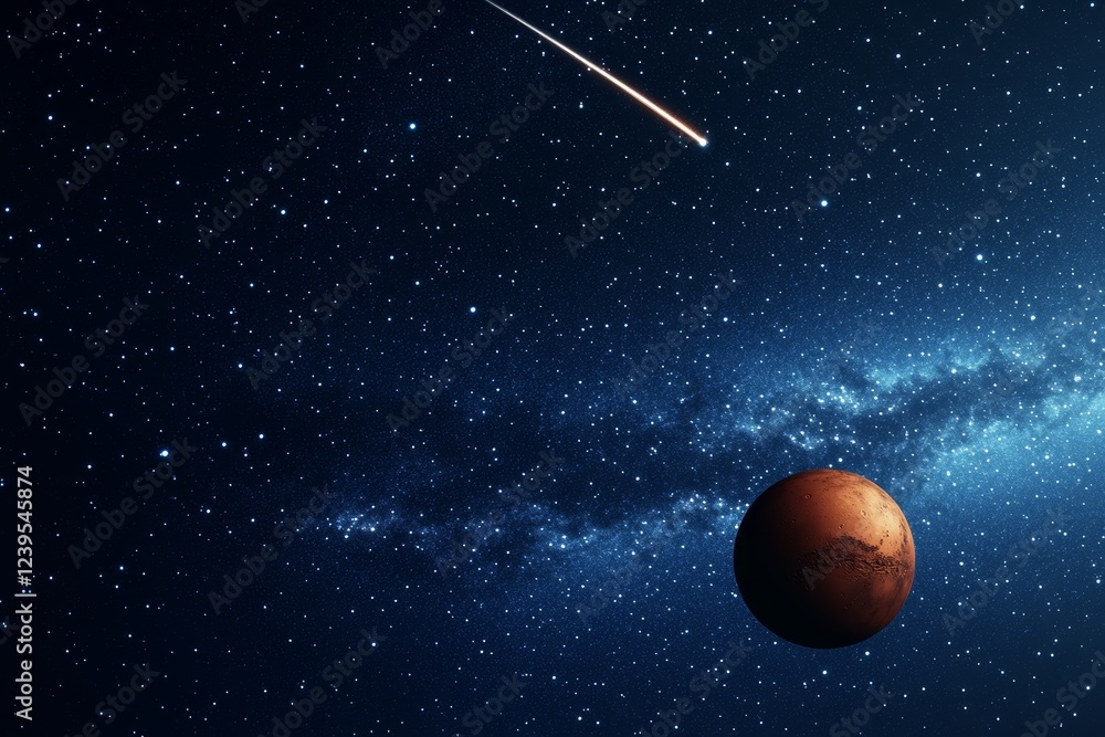 Naklejka premium Mars and shooting star in the vast universe with distant galaxy