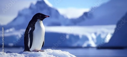 cute young penguin on ice ground with sunset light