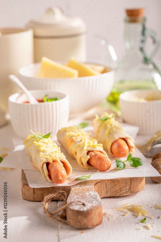 Tasty hot dogs with puff pastry and cheese. Tasty hot dogs with puff pastry and cheese.