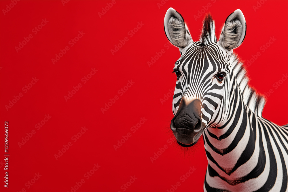 Zebra poses in front of bright red backdrop showcasing distinctive black and white stripes in a vibrant capture Zebra poses in front of bright red backdrop showcasing distinctive black and white stripes in a vibrant capture