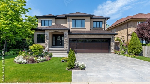 Modern two-story suburban house with manicured lawn and stone driveway