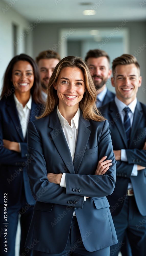 Business team stands confidently in office. Diverse professionals look directly at camera. Teamwork, collaboration evident. Businesspeople wear suits, smiles. Pro, confident expressions show pride in Business team stands confidently in office. Diverse professionals look directly at camera. Teamwork, collaboration evident. Businesspeople wear suits, smiles. Pro, confident expressions show pride in