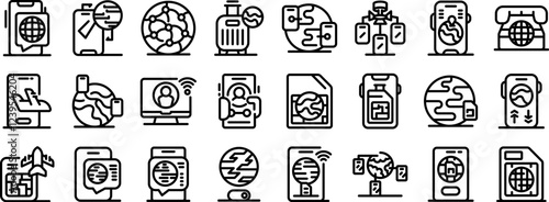 International roaming icons set. Seamless global roaming services ensuring connectivity for travelers, enabling communication and access to information across borders
