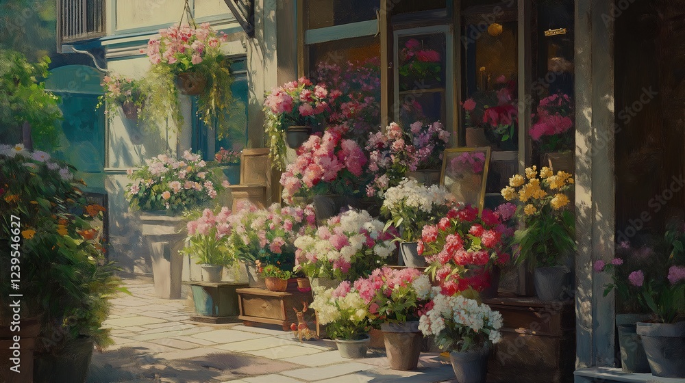 Naklejka premium oil painting illustration, flower shop full of various type of flowers