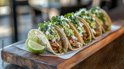 Five delicious tacos arranged on a wooden board, garnished with cilantro, onions, avocado, and a lime wedge. The tacos appear to contain seasoned meat.