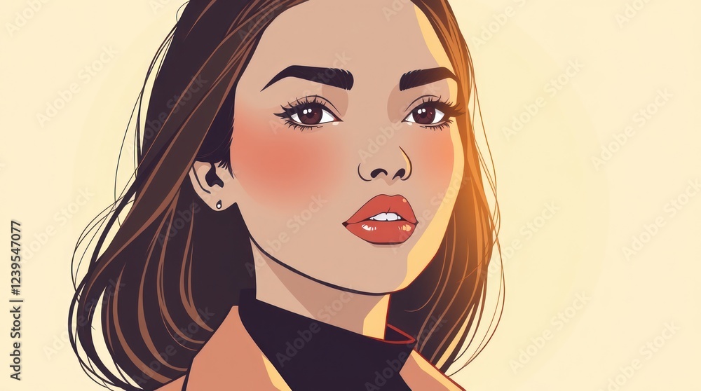 Warm golden glow, refined features. Modern, minimalistic digital illustration, person in stylish attire, engaging expression, simple pastel background, Warm golden glow, refined features. Modern, minimalistic digital illustration, person in stylish attire, engaging expression, simple pastel background,