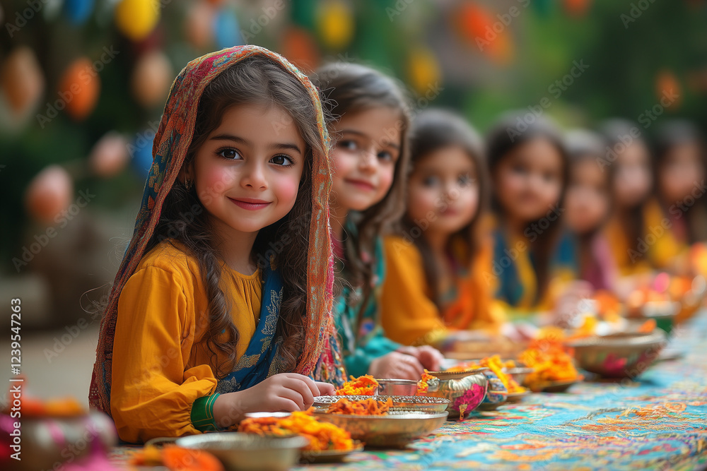 Children dressed in colorful clothes, playing and exchanging gifts in a decorated garden during Eid. The atmosphere is filled with joy and laughter. Children dressed in colorful clothes, playing and exchanging gifts in a decorated garden during Eid. The atmosphere is filled with joy and laughter.