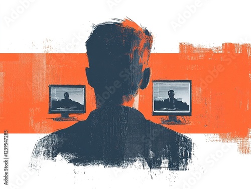 A silhouette of a person is seen from the back, staring at dual computer screens, set against an orange background, suggesting themes of technology and introspection.