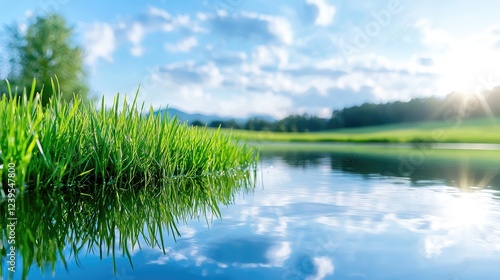 Serene lake, green grass, sunlit mountains