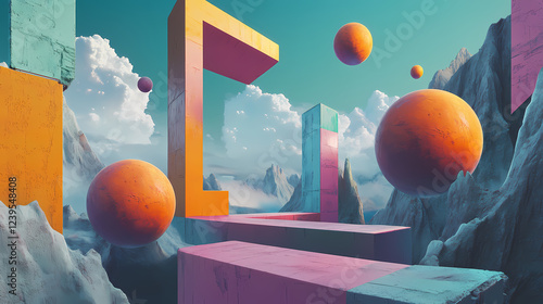 Surrealist landscape: dreamlike, distorted, impossible objects, vibrant colors, disorienting perspectives. Unconventional Perspectives. Illustration photo