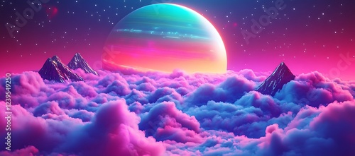 Vibrant Planet Rising Over Pink and Blue Cloudscapes with Mountains photo