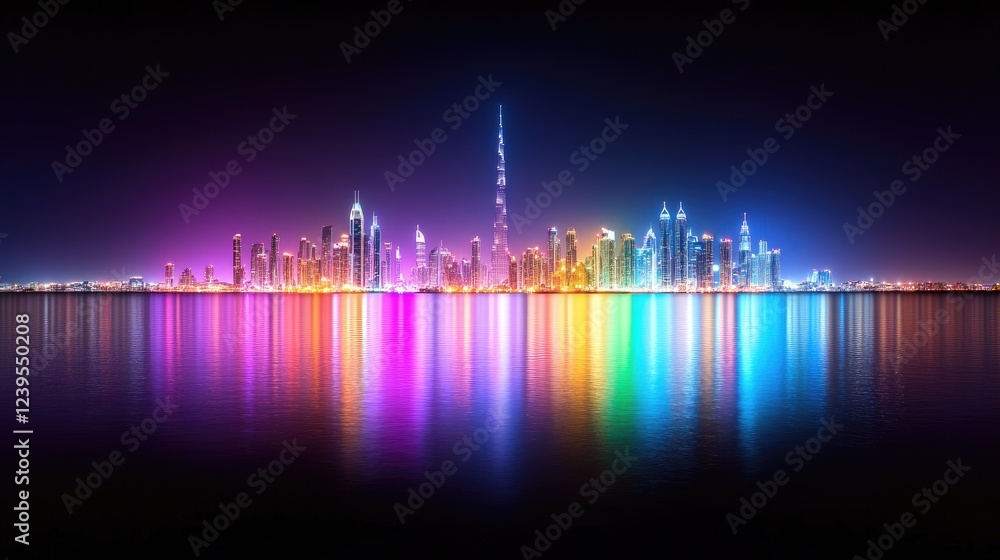 Fototapeta premium Night cityscape, vibrant lights reflected on water, modern architecture, travel destination