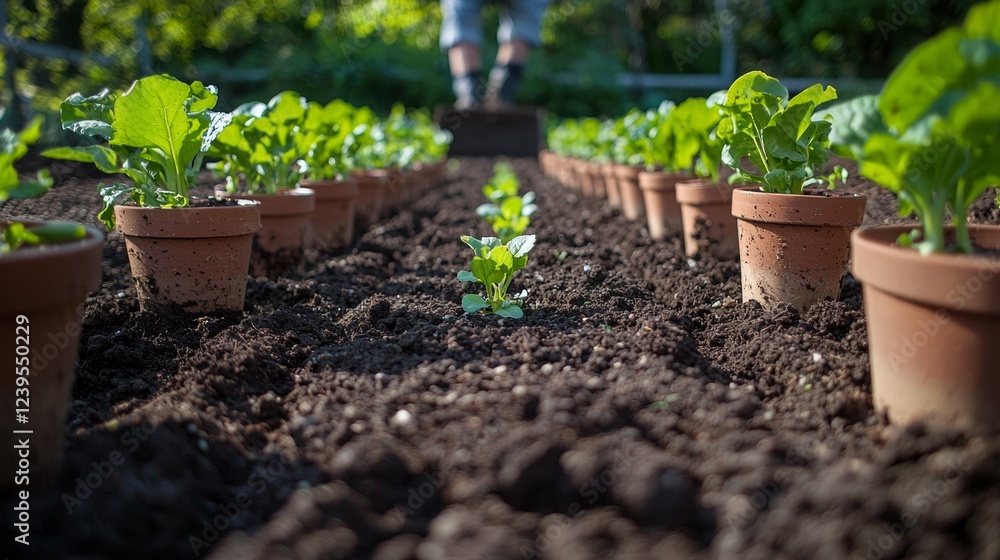 person is tilling soil in garden as spring approaches. Neatly arranged flowerpots line fence showcasing vibrant greenery bright afternoon sunlight. person is tilling soil in garden as spring approaches. Neatly arranged flowerpots line fence showcasing vibrant greenery bright afternoon sunlight.