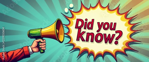 A colorful megaphone is held up against a dynamic, comic-style backdrop, exclaiming Did you know in eye-catching letters. This energetic image captures attention and sparks curiosity, making it