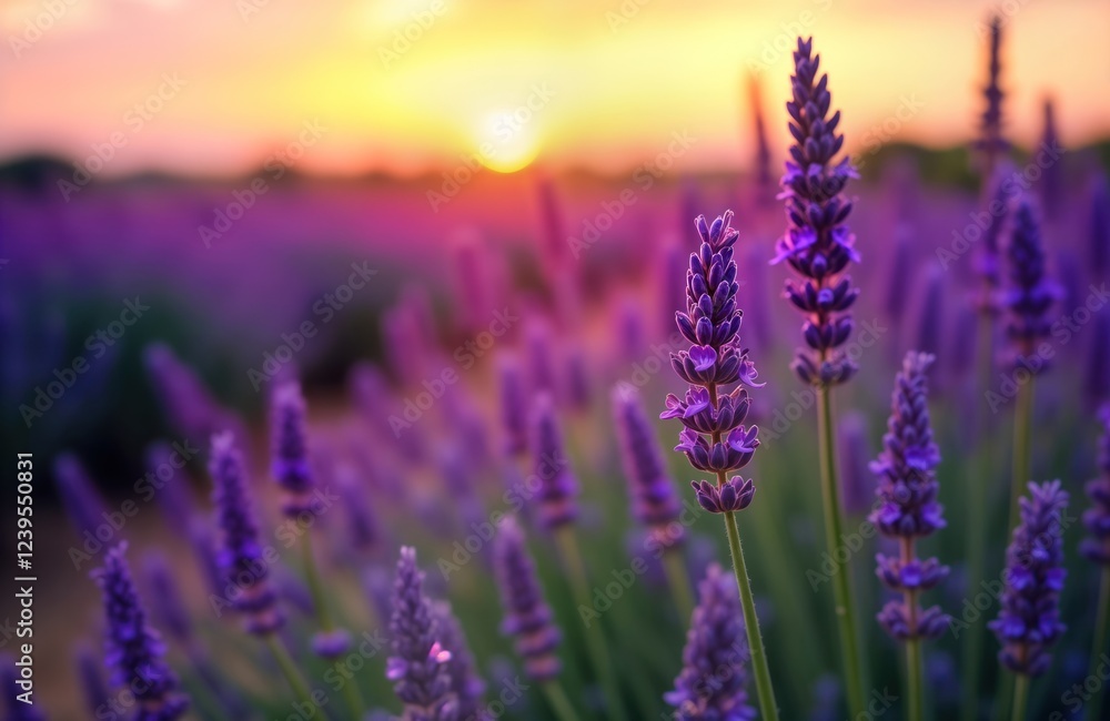 Obraz premium Beautiful lavender field at sunrise. Purple blossoms create vibrant background. Aromatic plants in rural setting. Sunlight highlights blossoms creating scenic view. Aromas of lavender fill air.